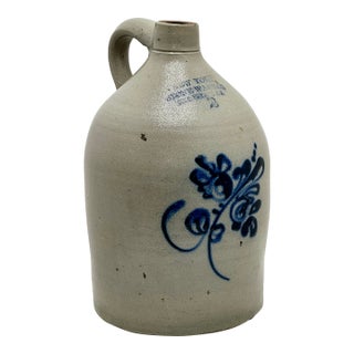 Excellent Antique American Blue Flower Decorated 2 Gallon Jug by New York Stoneware Company Fort Edwards - Circa Mid 1800s For Sale