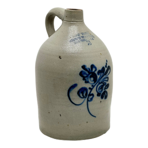 Excellent Antique American Blue Flower Decorated 2 Gallon Jug by New York Stoneware Company Fort Edwards - Circa Mid 1800s