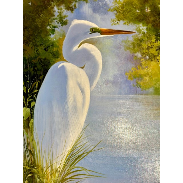 Sky Blue White Egret in Marsh Landscape — Serene Original Oil Painting by P. Charles For Sale - Image 8 of 8