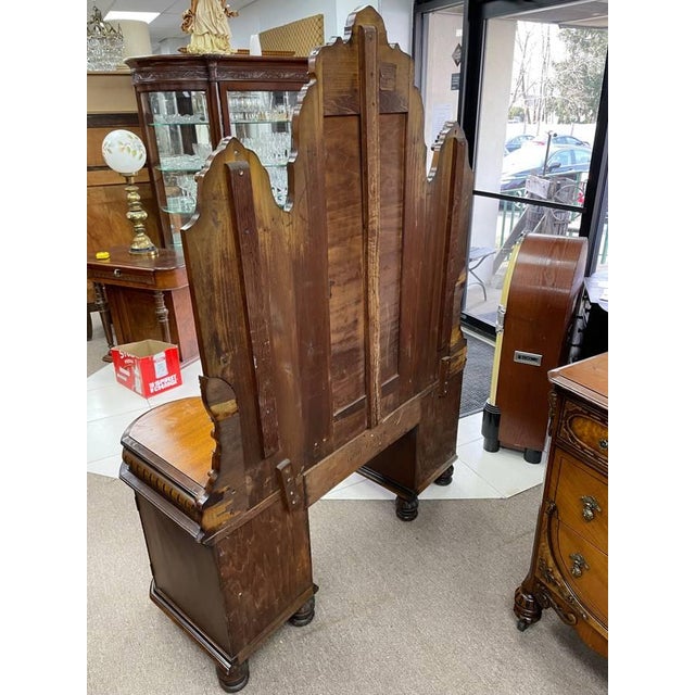 Antique 1930's Bedroom Mirrored Vanity, Hand Carved Walnut, Burl Inlay, Beveled Glass, Curved Cabinets For Sale - Image 10 of 13