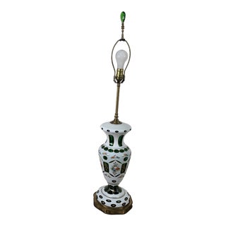 Mid 20th Century Bohemian Czech Cut to Green Glass Lamp For Sale