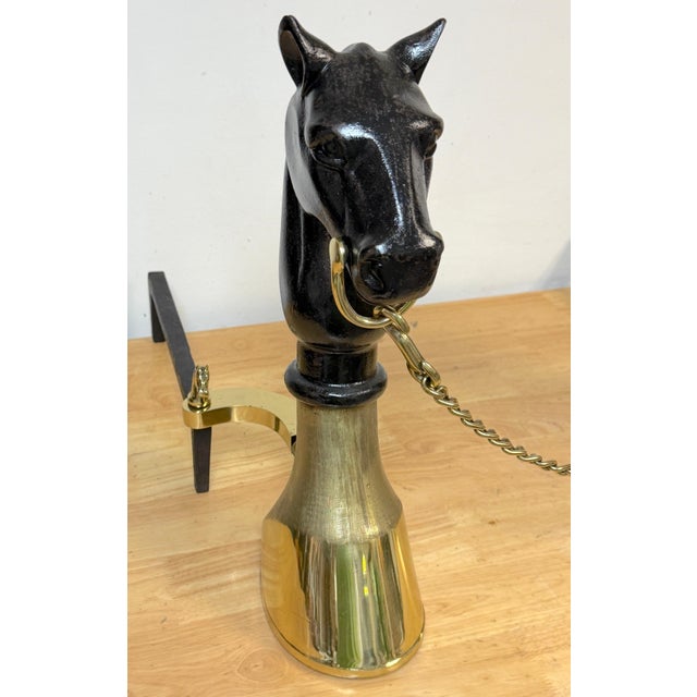 19th Century English Brass & Iron Horse Motif Andirons with Removable Chain For Sale - Image 13 of 18