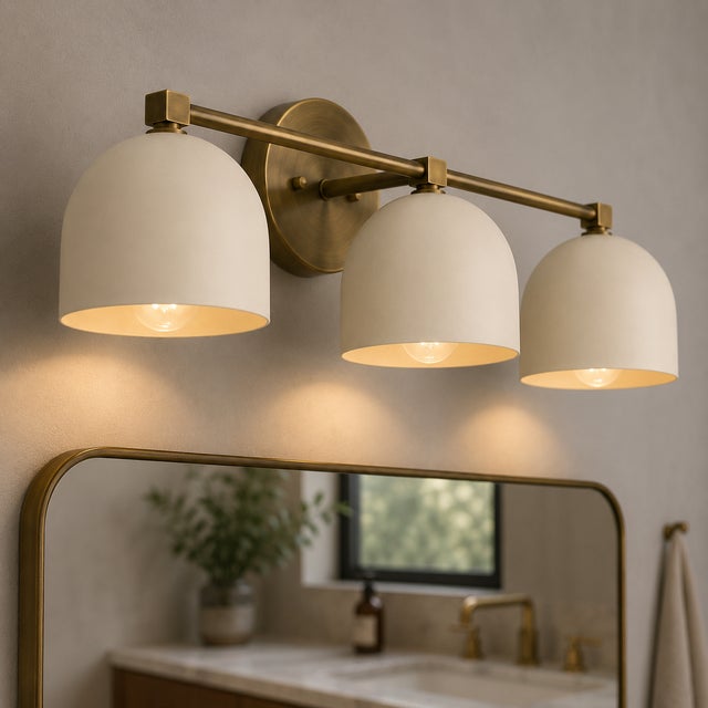 Contemporary Handcrafted Solid Brass 3-Light Wall Sconce, Antique Brass Vanity Light With White Shades For Sale - Image 3 of 8
