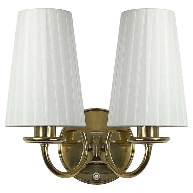 Brass & Cream Fabric Wall Light, Sweden, 1940s For Sale