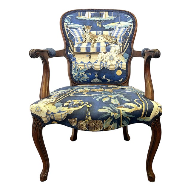Early 1900's French Boudoir Fruitwood Armchair With New Statement Upholstery For Sale