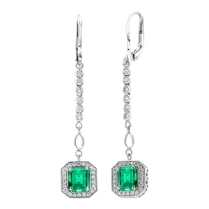 Emerald Shaped Emeralds Halo Diamond 3.50 Carat Lariat 14 Karat White Gold Earrings - 2 Pieces