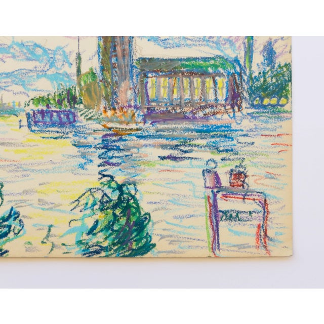 Mid-Century Modern 1950s Swedish Folk Art Oil Pastel Drawing of Stockholm City Hall in Sky Blue, Pink, Purple, Teal, Green For Sale - Image 3 of 18