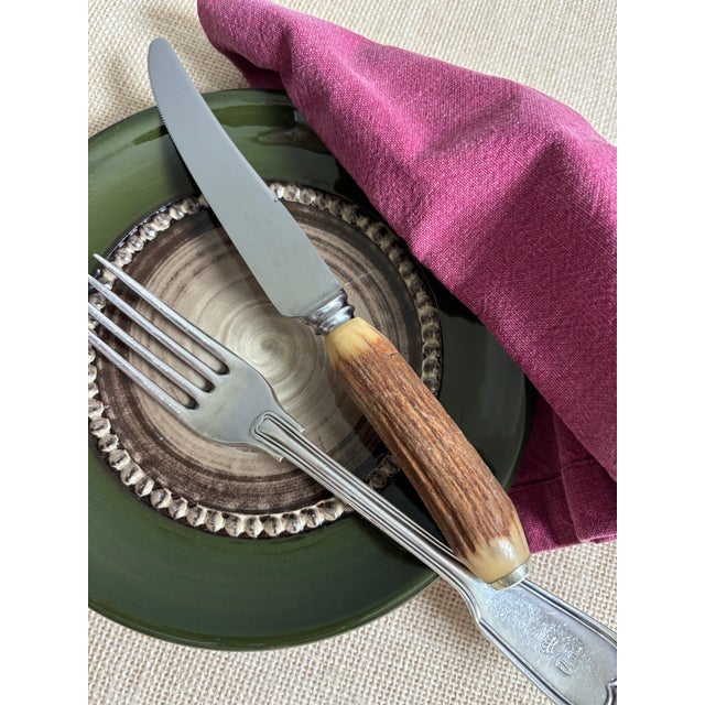 Metal Vintage Sheffield English Antler Stag Horn Handle Stainless Steak Knife Set For Sale - Image 7 of 7