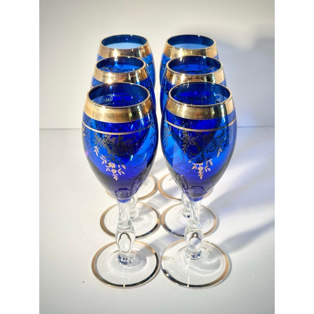 Vintage Bohemian Cobalt Glass Decanter and Six Wine Glass Set For Sale - Image 9 of 11