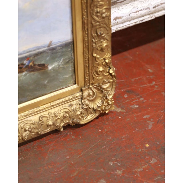 Sky Blue 19th Century English Marine Oil Painting of Fishing Vessels in Rough Seas For Sale - Image 8 of 12