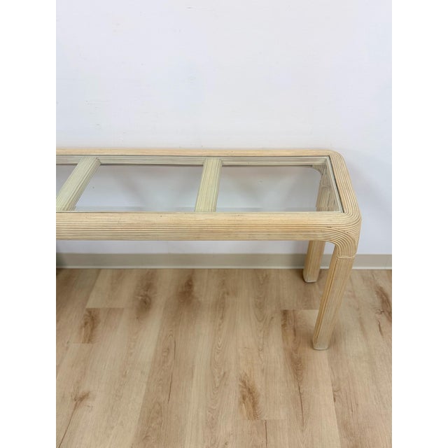 Vintage Console Table Lightwash Pencil Reed Glass Top Coastal Boho MCM For Sale In Tampa - Image 6 of 10