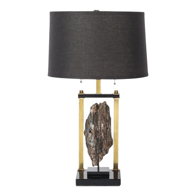 Mid-Century Rectilinear Black Lacquer & Brass Pyrite Specimen Table Lamp For Sale