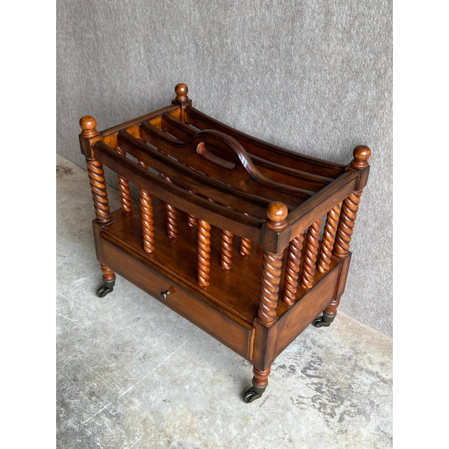 Mid 20th Century Vintage English Canterbury Barley Twist Wooden Magazine Rack on Metal Casters For Sale - Image 5 of 12