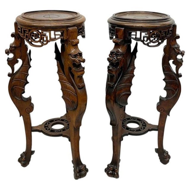 Asian Carved Plant Tables with Dragons, 1920, Set of 2 For Sale - Image 17 of 17