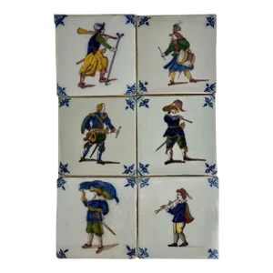 Set of 6 Mid 20th Century Makkum Dutch Hand-Painted Polychrome Delft Tiles by Royal Tichelaar