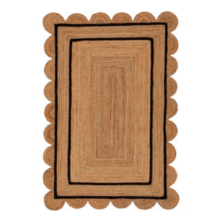 3x8 Ft. Black Double Line Border Braided Jute Scallop Rug For Sale