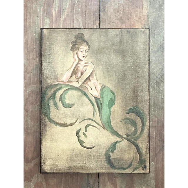 Vintage Oil Painting of Mermaid on Canvas For Sale - Image 4 of 12
