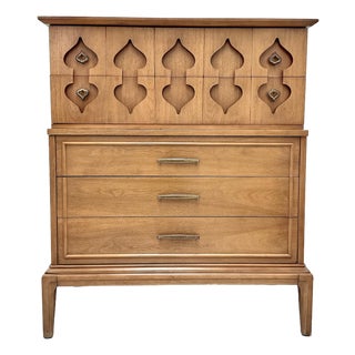 1950s Mid-Century Modern Tall Boy Chest of Drawers Kent Coffey Perspecta Moroccan, Attributed For Sale