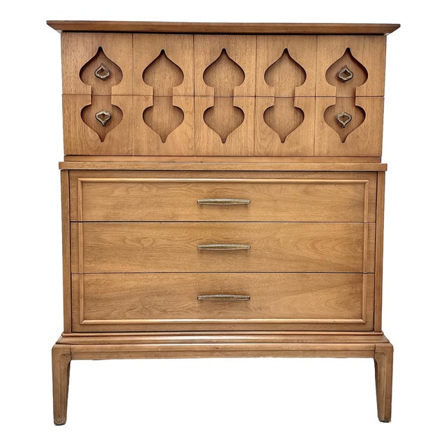 1950s Mid-Century Modern Tall Boy Chest of Drawers Kent Coffey Perspecta Moroccan, Attributed For Sale