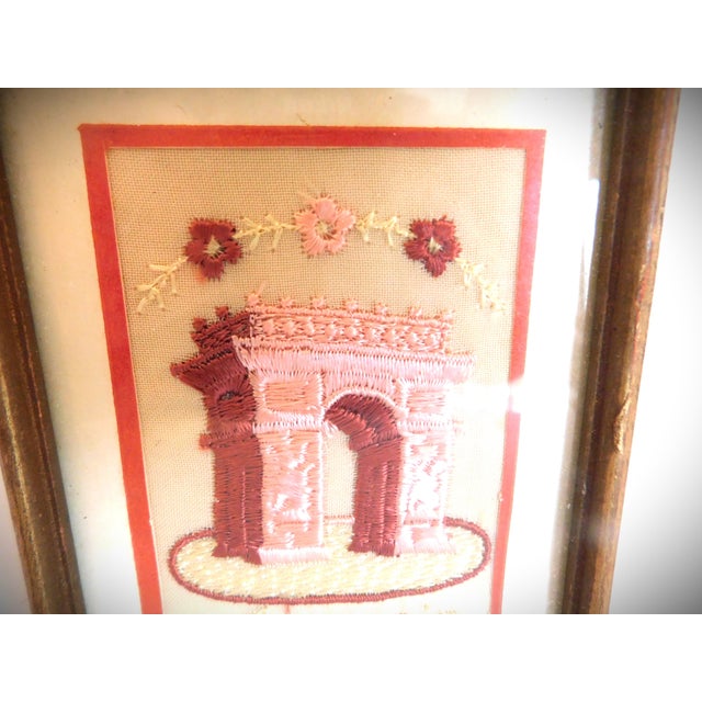 Rustic European Souvenir De Paris Silk Embroidered Ww1 Arc De Triumph Gold Framed Postcard For Sale - Image 3 of 9