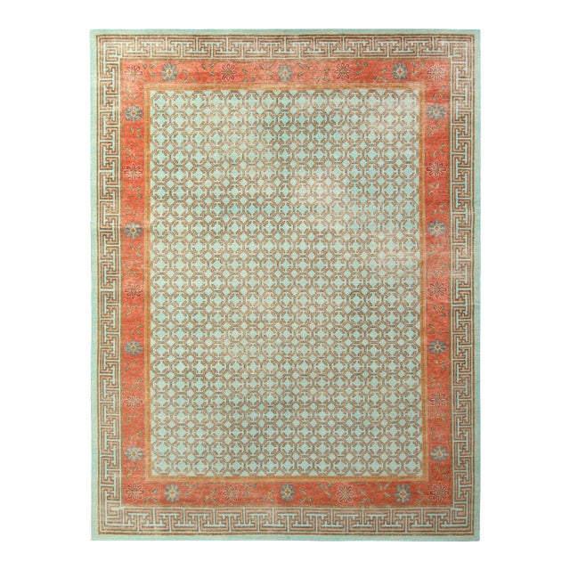 Rug & Kilim’s Oversized Border Rug in Mint and Rust, 14x20 For Sale