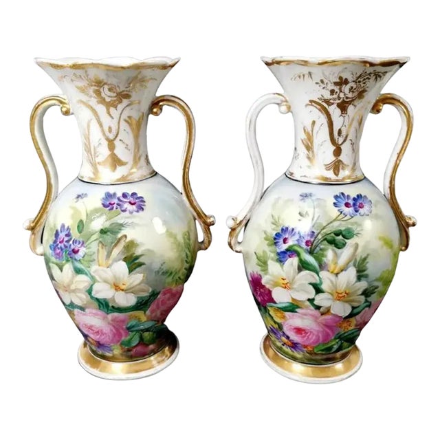 Porcelain De Paris Napoleon III French Hand Painted Vases - a Pair For Sale