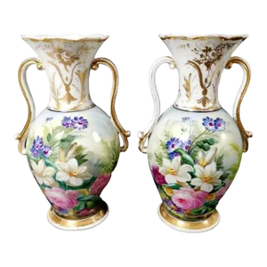 Porcelain De Paris Napoleon III French Hand Painted Vases - a Pair