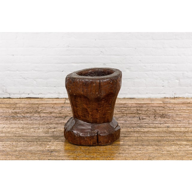 19th Century Rustic Teak Wood Mortar Urn, Antique Planter for Vintage Home Decor For Sale In New York - Image 6 of 12
