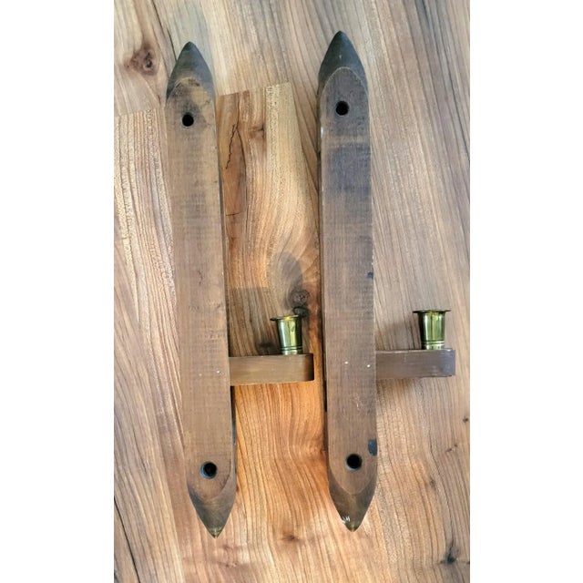 Set of Two Late 20th Century Primitive Wood Weaving Shuttle Candlestick Holder Wall Sconces Rustic Farmhouse For Sale - Image 4 of 13