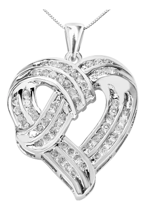 .925 Sterling Silver 1 1/4 Cttw Round Diamond Openwork Ribbon Weave Heart Pendant 18" Necklace (I-J Color, I3 Clarity)
