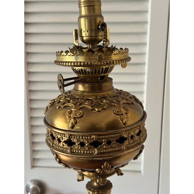 Metal Victorian Brass Converted Oil Lamp Marble Side Table Floor Lamp For Sale - Image 7 of 16