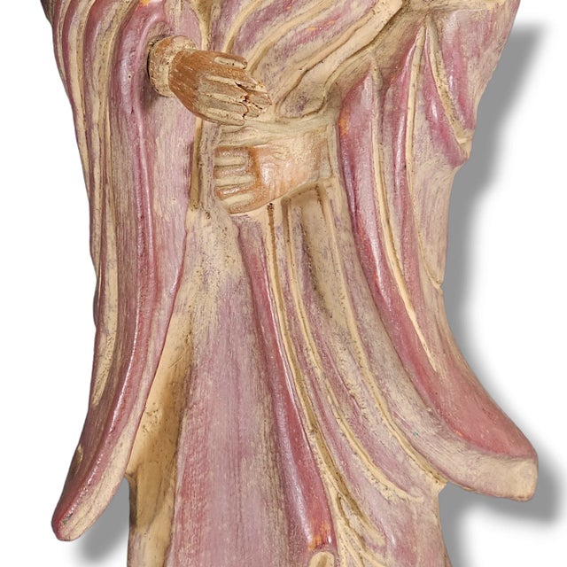 Pair of Mid-Century Chinese Hand-Carved Wooden Guanyin Figures – Painted Polychrome Finish, 23″ For Sale - Image 9 of 13