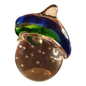 1980s Blue & Green Art Glass Dolphin on Clear Bullicante Paperweight