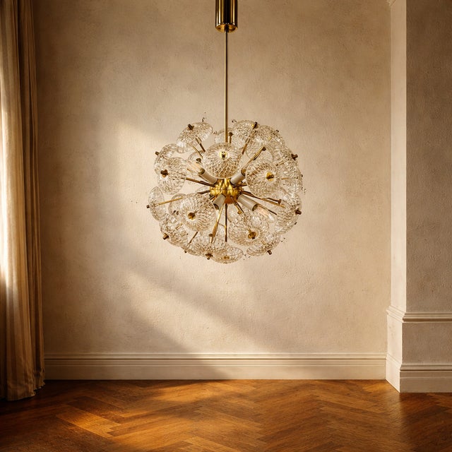 Metal Mid-Century Glass Dandelion Chandelier from Kamenický Šenov, Former Czechoslovakia, 1960s For Sale - Image 7 of 7