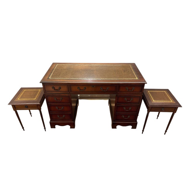 Vintage English Pedestal Desk with Side Tables, Set of 3 For Sale - Image 6 of 6