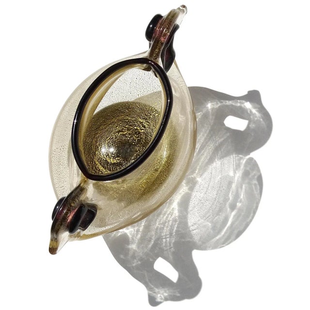Mid-Century Modern Vintage Murano Barovier Toso Rare Purple Trim Gold Flecks Italian Art Glass Ornate Pierced Double Handle Vase For Sale - Image 3 of 8