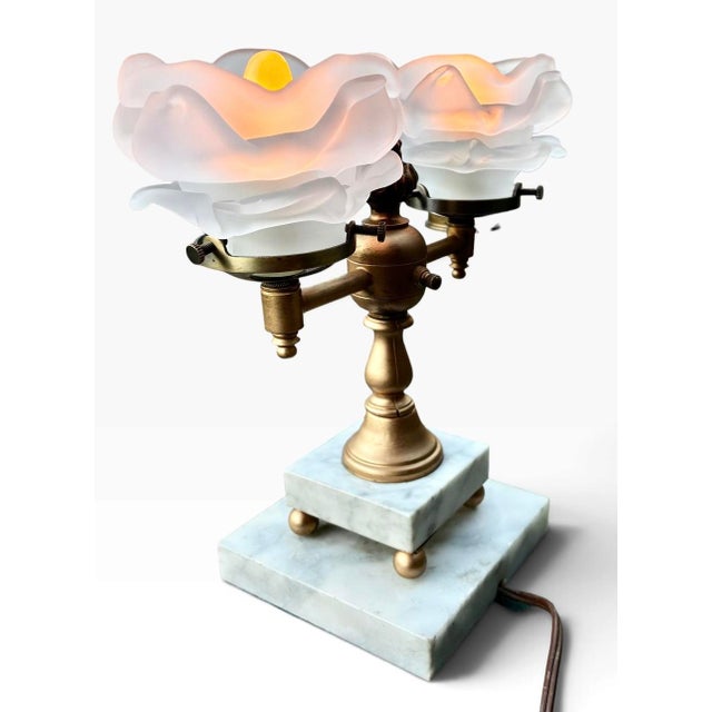 Metal 1950s Art Nouveau Style Double Arm Table Lamp With Frosted Floral Shaped Art Glass Shades For Sale - Image 7 of 15