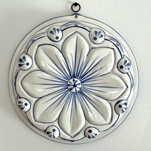 Vintage Blue and White Ceramic Flower Wall Mold For Sale - Image 6 of 6