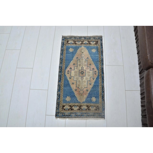 1960s Blue Geometric Small Turkish Rug Door Mat For Sale In Phoenix - Image 6 of 6