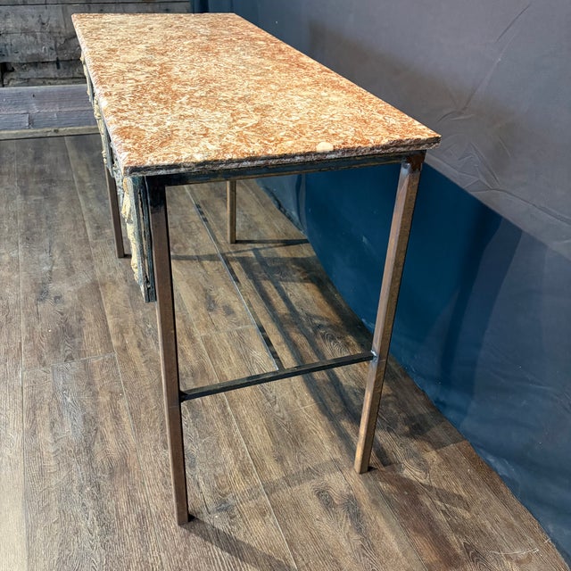 Metal French Balcony Console Table With Marble Top & Gold Figural Wrought Iron For Sale - Image 7 of 9