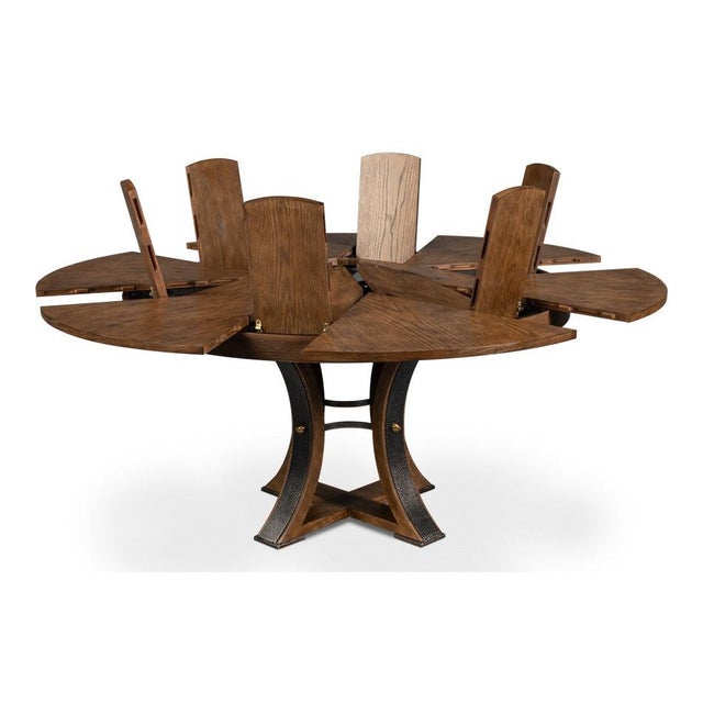 Transitional Round Dining Table, Medium - Light Brown Oak With Hammered Iron Accents For Sale In Raleigh - Image 6 of 11