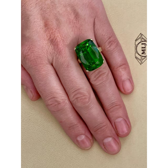 GIA Certified 34.06 Carat Cushion Peridot 14 Karat Yellow Gold Ring Estate For Sale - Image 11 of 18