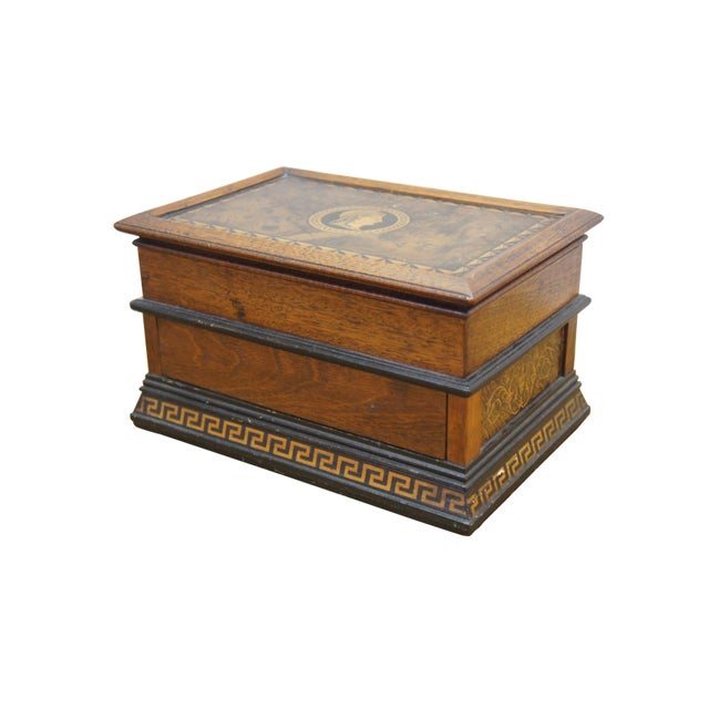 Grand Tour Antique Victorian Oak Grand Tour Box Neoclassical Inlay Greek Key Vanity Drawer For Sale - Image 3 of 16