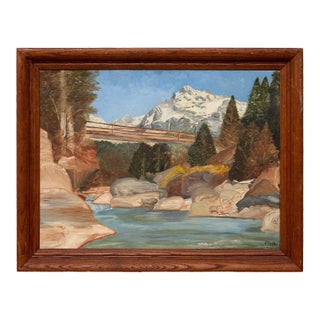 Vintage Mountain River Landscape Painting With Bridge For Sale