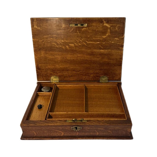 Antique Victorian English Tiger Oak Book Form Lap Desk/Stationery Box w/Inkwell Handsome antique hand carved book form...