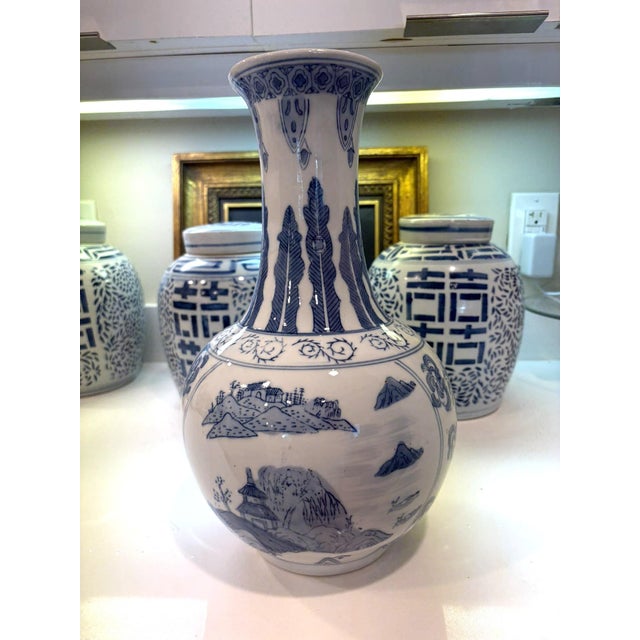 Ceramic Vintage Blue & White Chinese Porcelain Chinoiserie Vase With Pagoda Landscape Motifs For Sale - Image 7 of 13