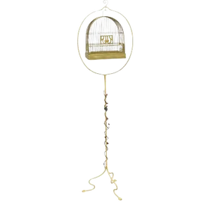Antique Hendryx Art Nouveau Wrought Iron Bird Cage & Stand With Flowers and Vine