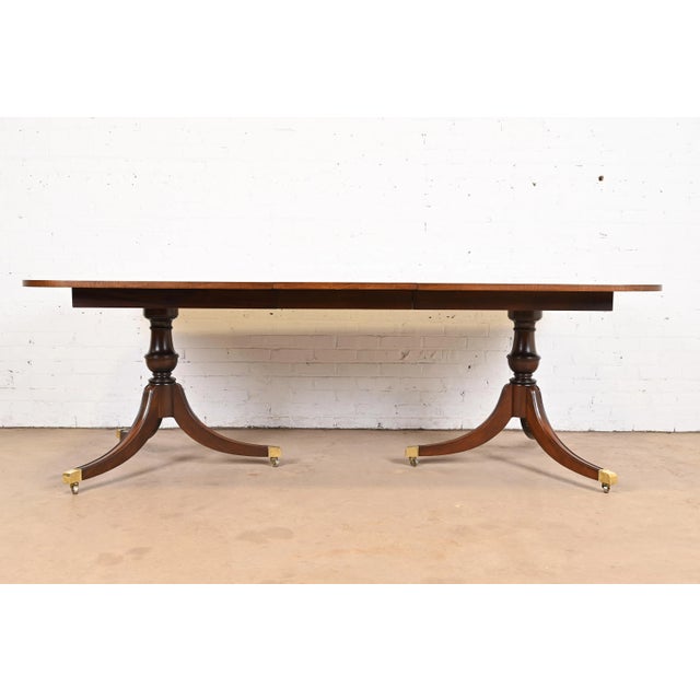 Baker Furniture Company Baker Furniture Style Georgian Banded Mahogany Double Pedestal Extension Dining Table, Newly Refinished For Sale - Image 4 of 12