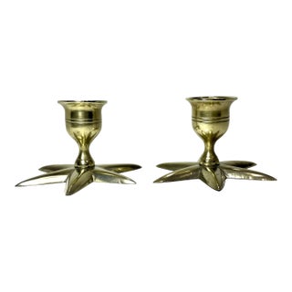 Pair of Vintage Brass Star Base Candlestick Holders For Sale
