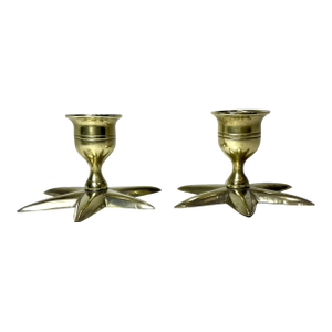 Pair of Vintage Brass Star Base Candlestick Holders